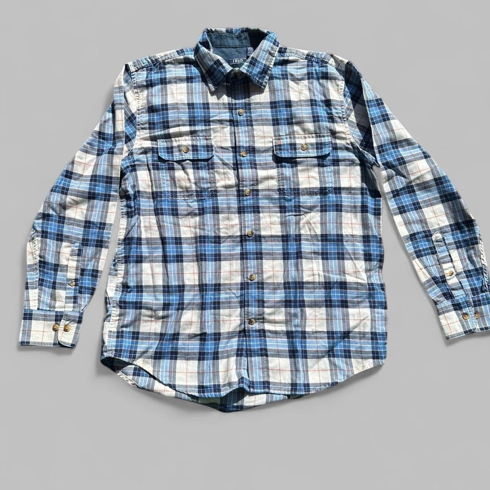 IZOD Men's Long Sleeve Shirt Blue White Plaid Large
